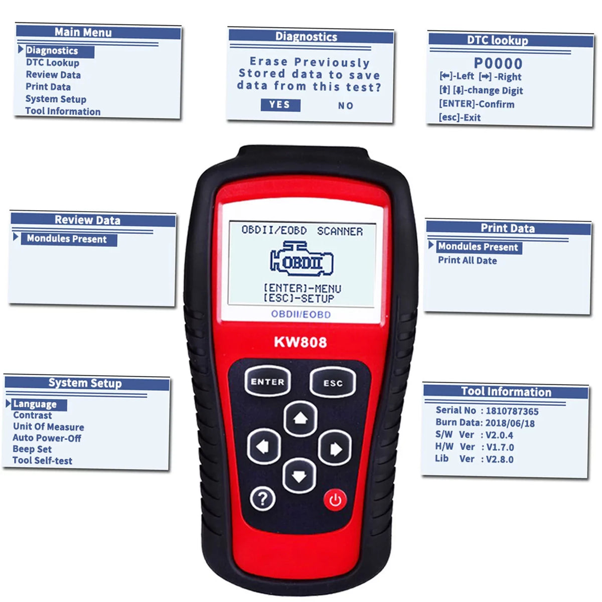 Scanner Decoder EOBD Code / Reader Detection OBDII and Auto OWSOO Cars KW808