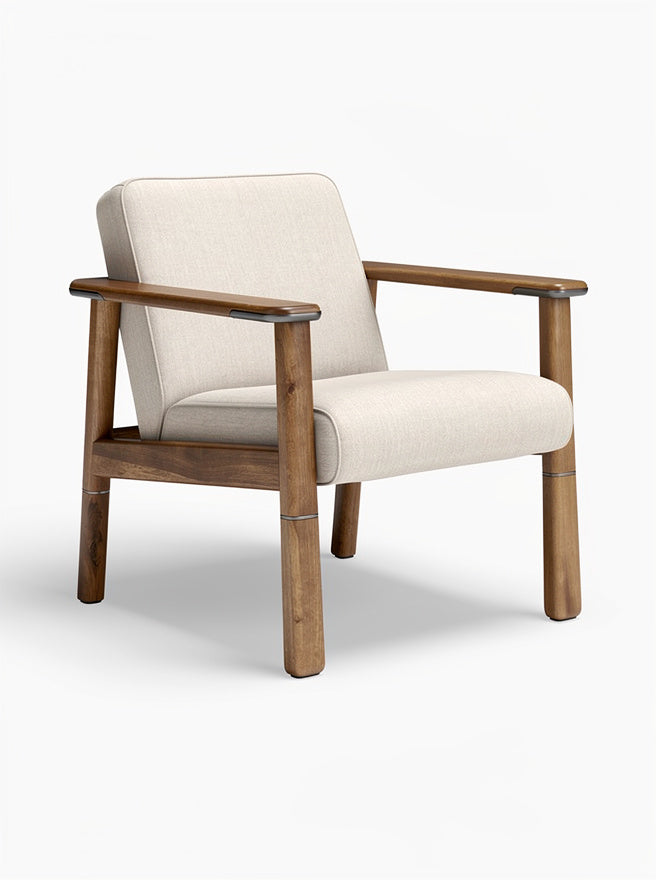 Modern houten fauteuil met beige stofbekleding