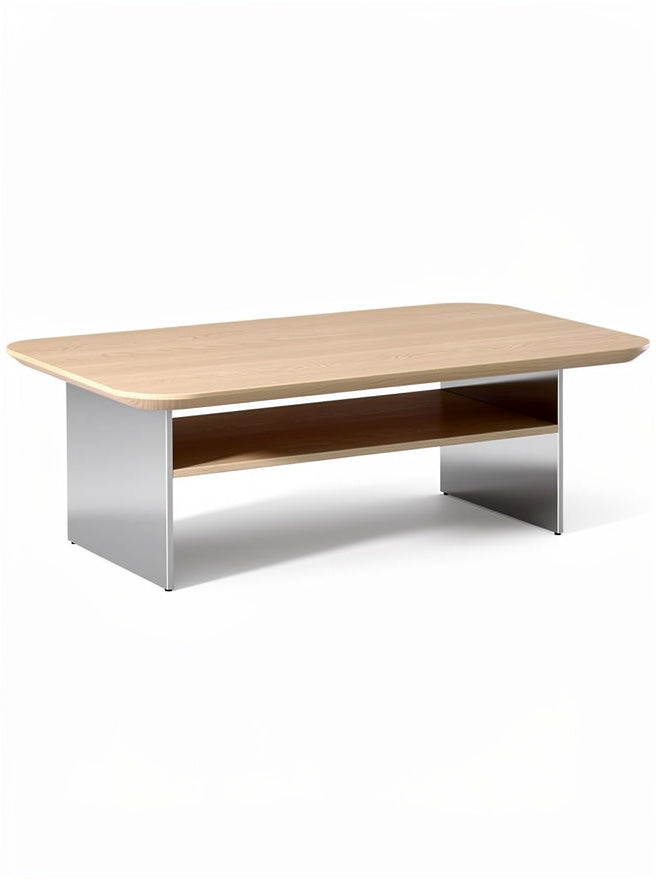 "Moderne Eettafel met Houten Blad en RVS Onderstel"