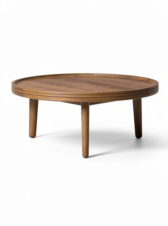 Technische Titel: "Ronde houten salontafel met vier houten poten"