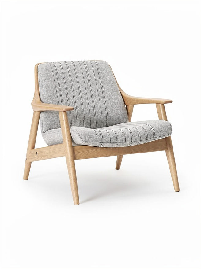 "Moderne Scandinavische Fauteuil met Houten Frame en Gestreepte Bekleding"