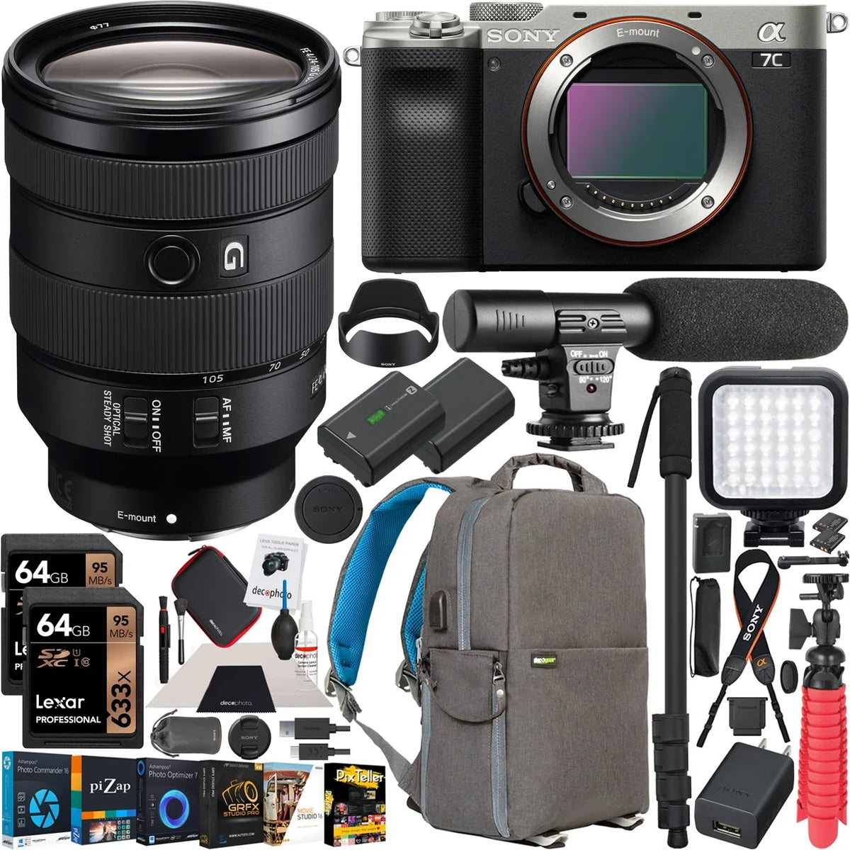 Software Lens , Zoom OSS Deco with Mirrorless Frame Body Camera ILCE7C/S F4 and Photography 24-105mm FE with Silver a7C Full SEL24105G Accessories Bundle Backpack G Gear Case