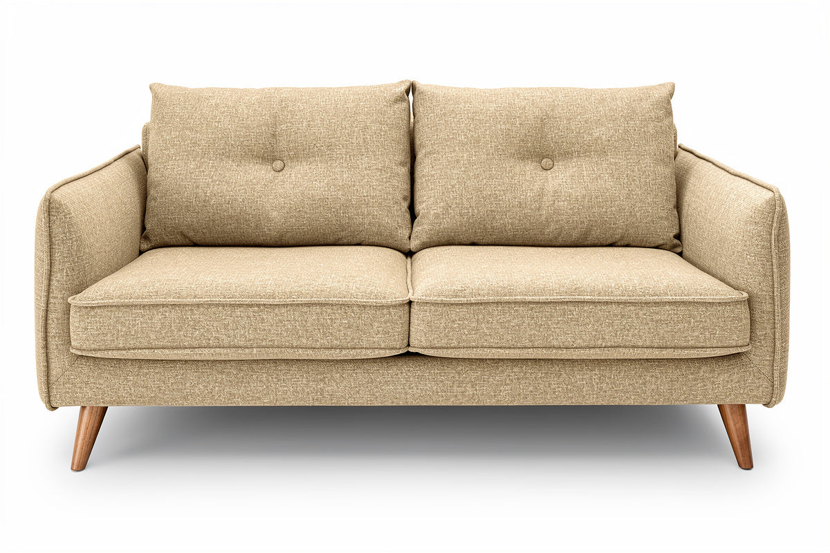 "Moderne Beige Banken met Houten Pootjes en Knopen"