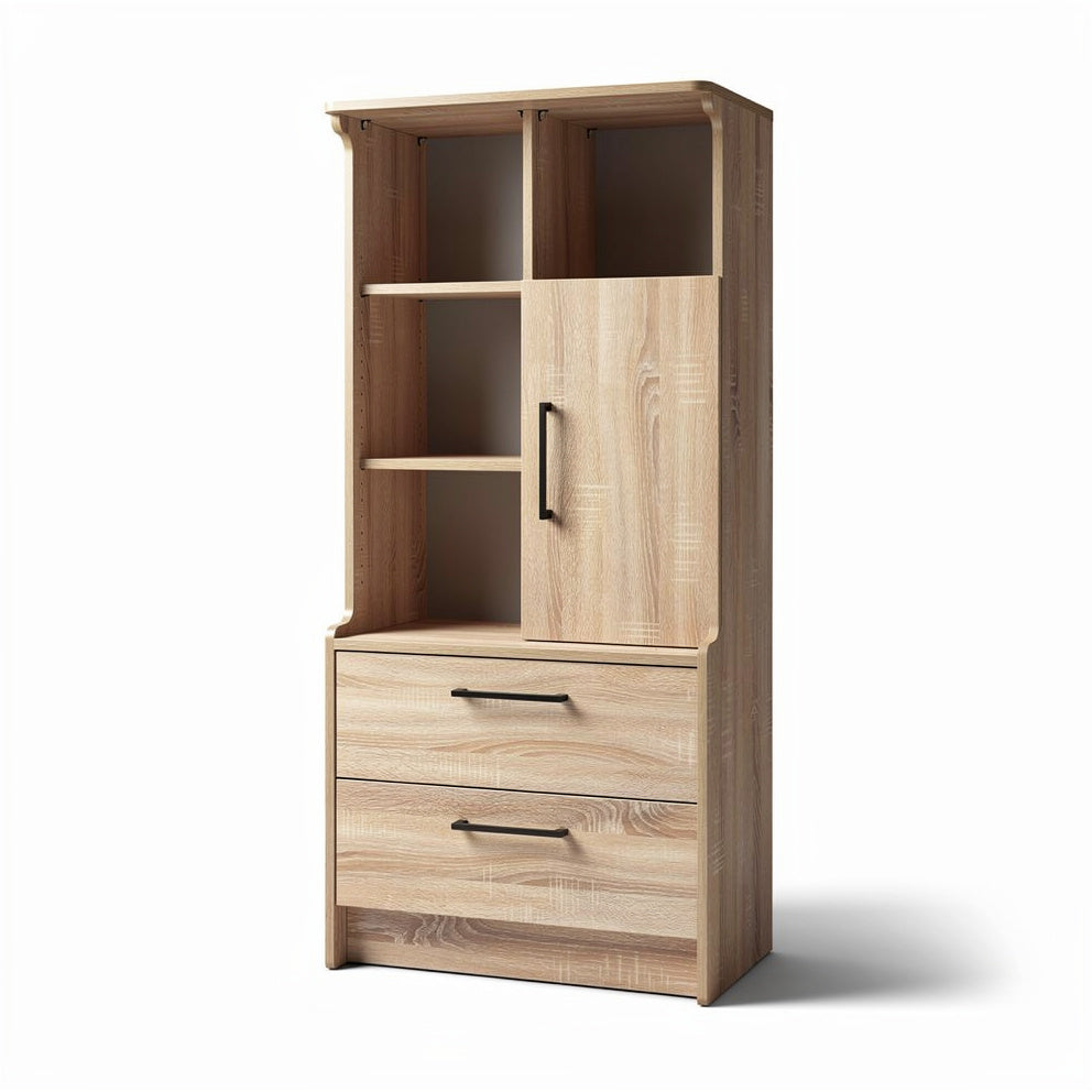 "Moderne Houten Opbergkast met Lades en Open Planken"