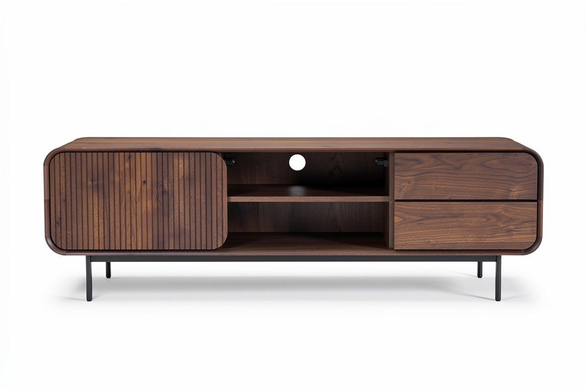 Moderne Houten TV-Meubel met Gebogen Lijnen en Opslagruimte