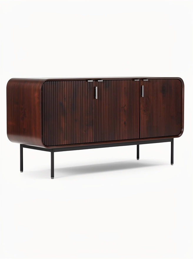 Moderne Eikenhouten Dressoir met Lijsten en Zwarte Metaalvoet