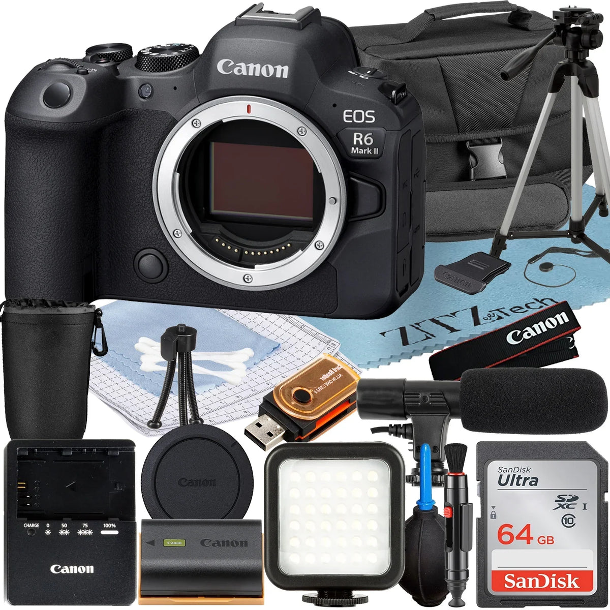 Bundle Case (Body) Mark Canon SanDisk II Accessory + LED Mirrorless Memory Flash + R6 + ZeeTech Camera EOS with 64GB Card