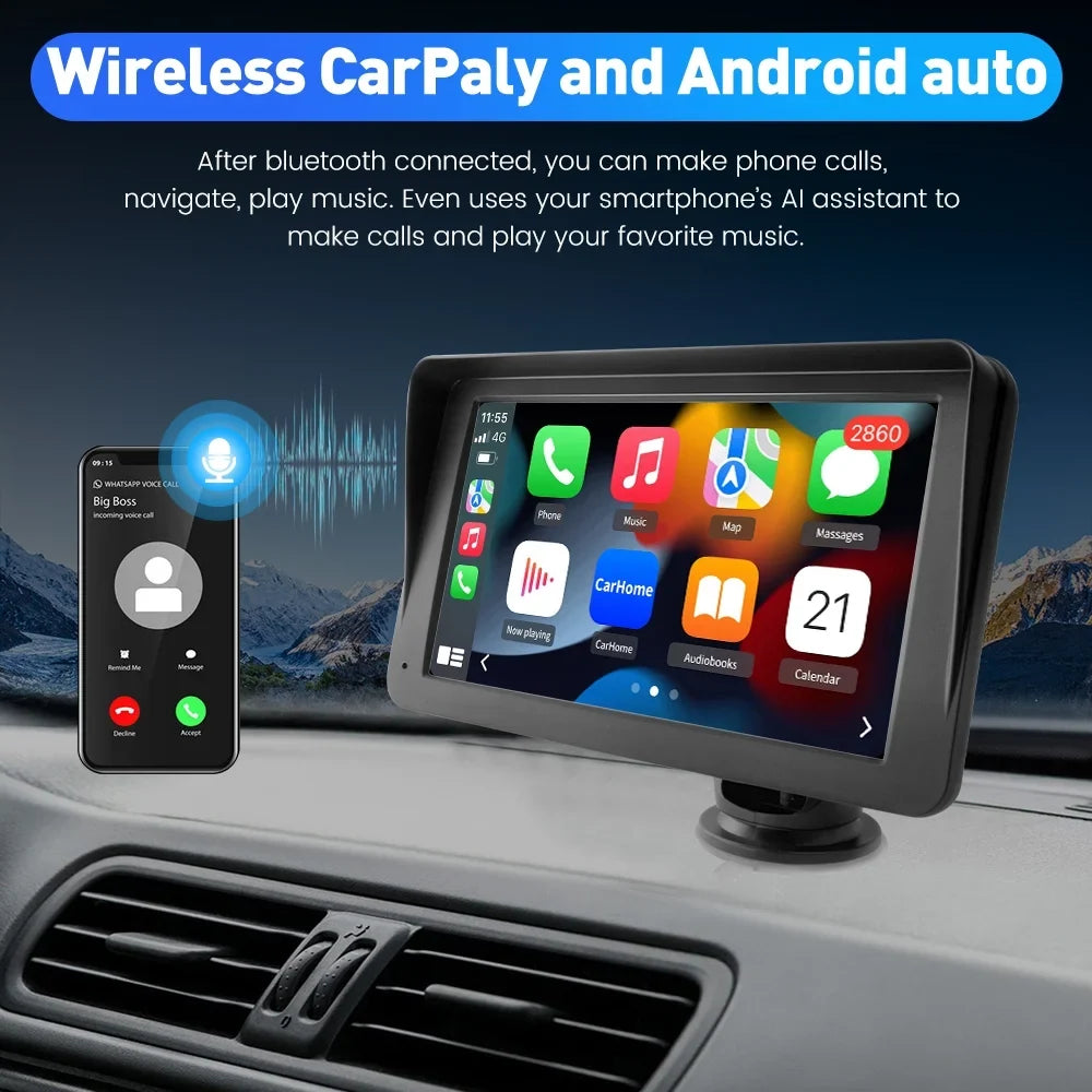 Stereo Support Audio, 7 Android Screen Carplay Bluetooth Awesafe Video GPS Touch inch Car with Auto Navigation,FM Wireless , Music,