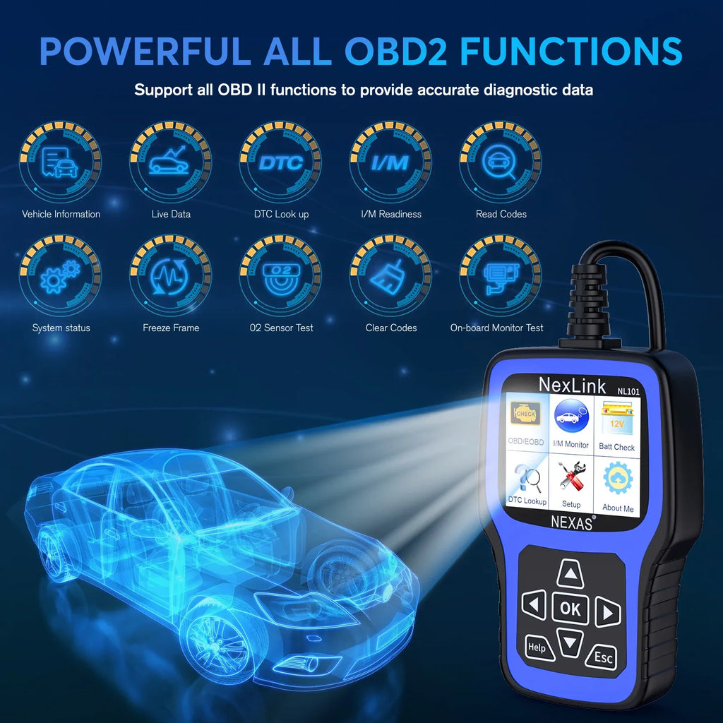 Auto NEXAS OBD2 Automotive Scanner Battery OBDII Reader Diagnostic Scanner Clear Light Code Car Full Codes Car Read Functions Check Engine OBDII NL101 Engine Check Tester Scanner Tool