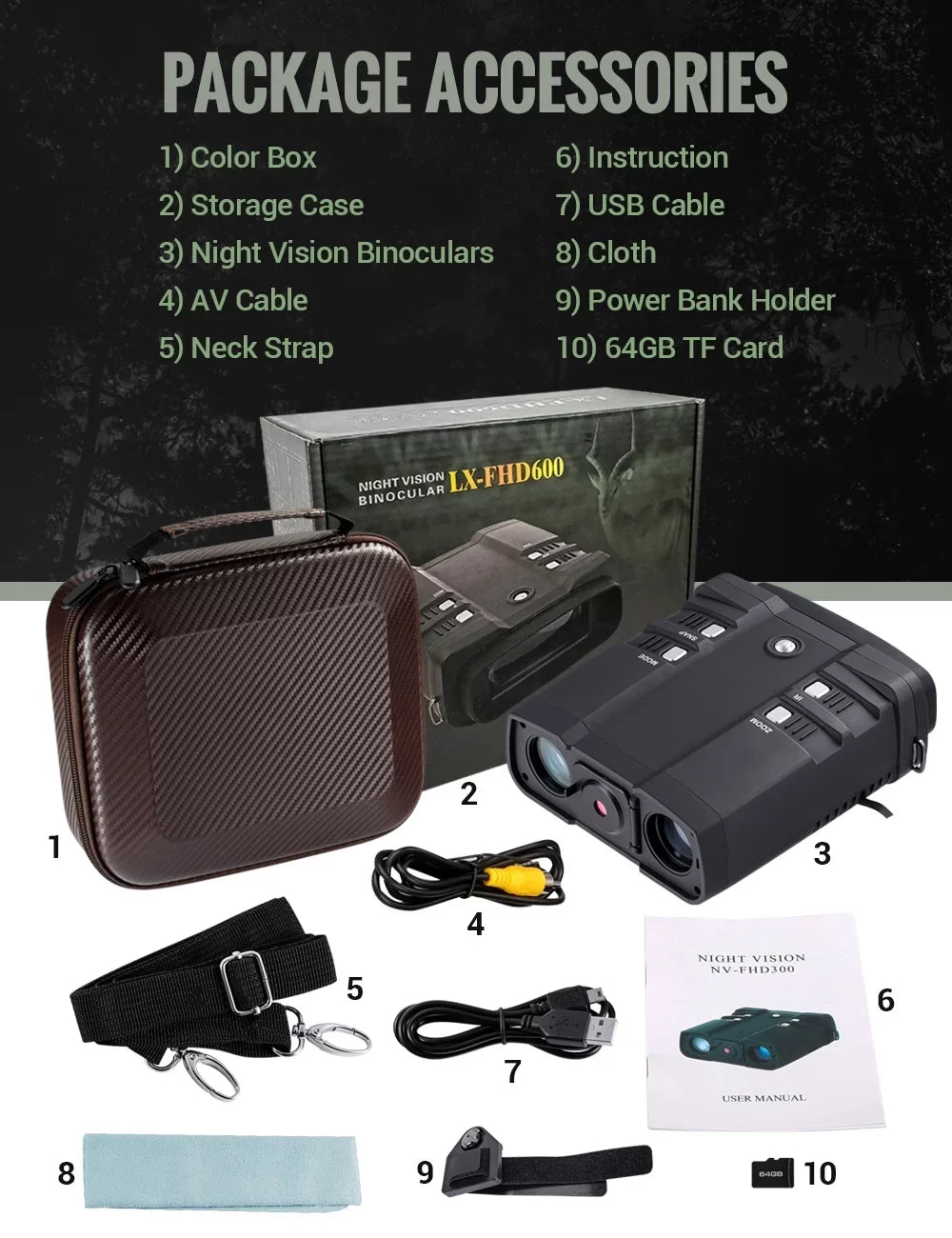 Viewing Digital for Total Vision Screen 64G LAKWAR and Night Binoculars Vision Card Infrared with for Day Night x Hunting Night Binoculars Large Darkness 10.8 31mm Binocular with TF