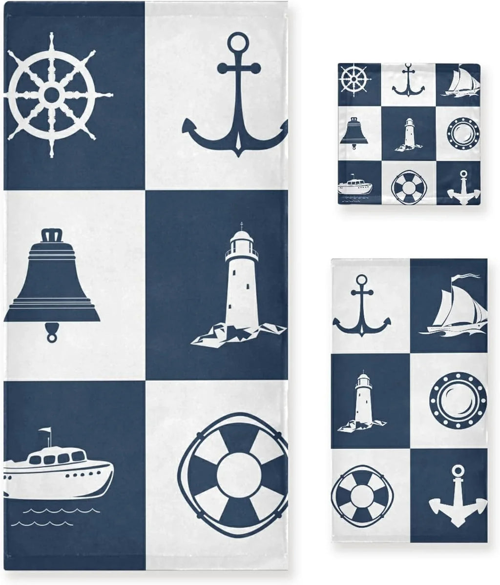 Vessel Fingertip Towels Bathroom Checked Sailing Lighthouse Hand Towel Soft Bath Decorative GZHJMY 3 Anchor Sets Piece Absorbent Towels Cotton for