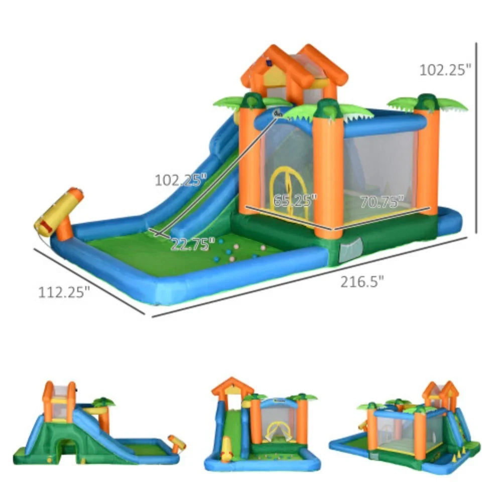 Patches Air 6-in-1 Floating Outsunny Slide Jumping with and Ball Pool Includes Inflatable Bag, liquid 450W Wall Trampoline Climbing Theme Tropical Summer Repair Castle Blower Carry Cannon Slide